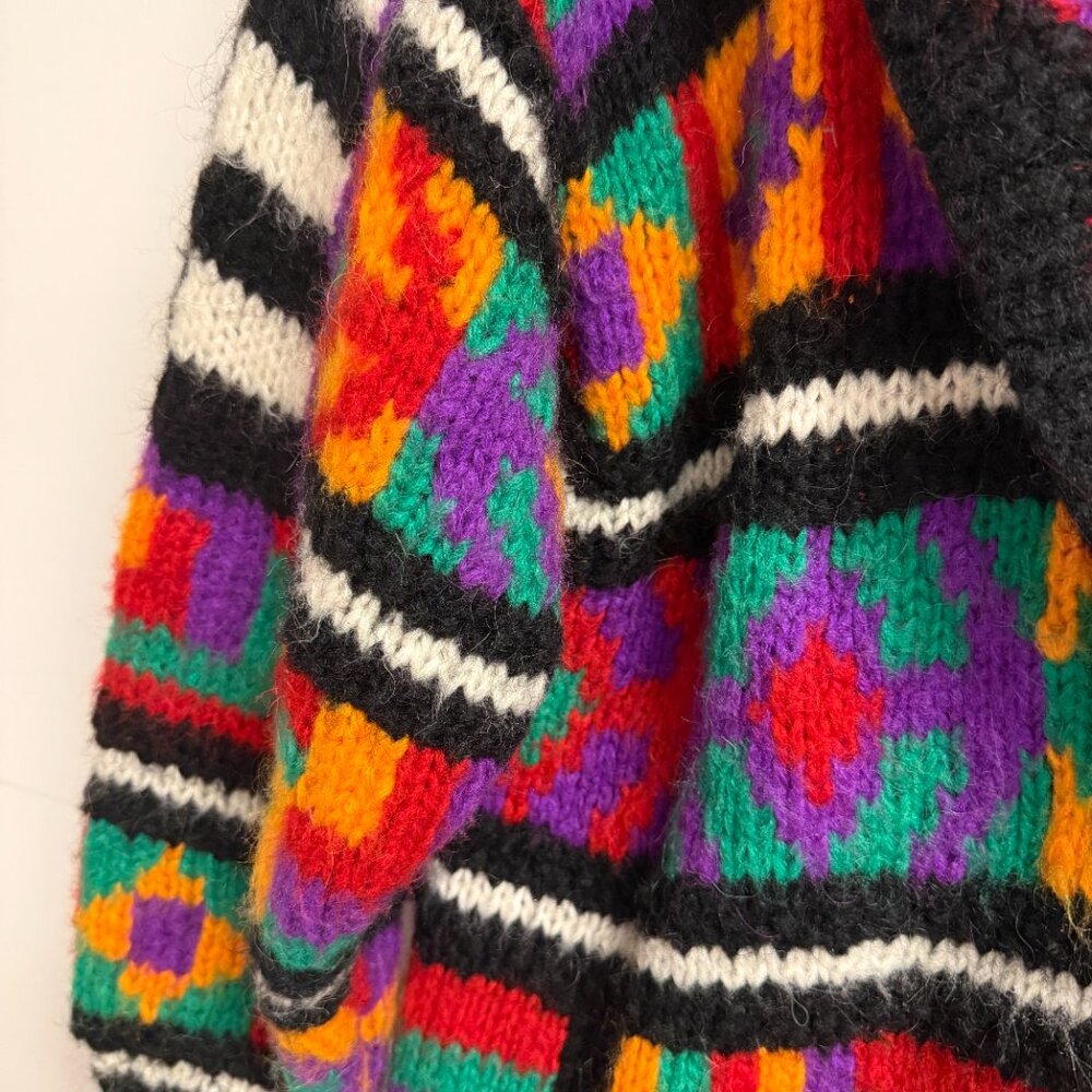 Vintage 90s Bright Print Wool Blend Chunky Oversized Cardigan Sweater Geometric - Picture 4 of 10